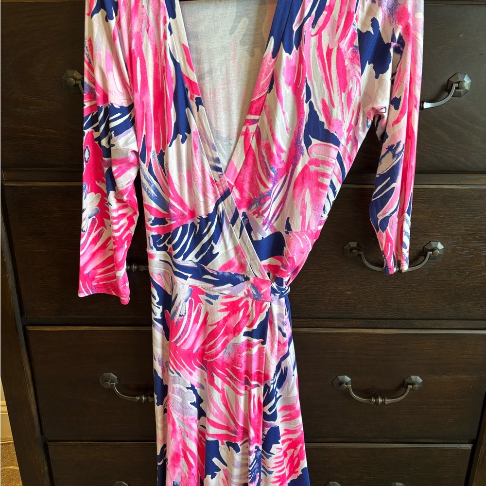 Lilly Pulitzer Pink, Navy & White Asymmetrical Wrap-Style Dress
